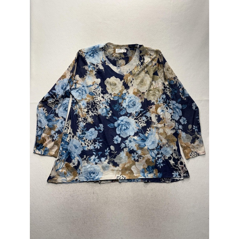 Time And Tru Shirt Womens 2XL Multicolor Floral Rhinestone Long Sleeve Tee